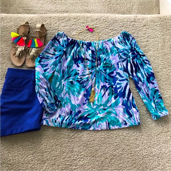 Lilly Pulitzer Enna Off The Shoulder Knit Top in Capri Teal Off Tropic - Picture 2 of 7